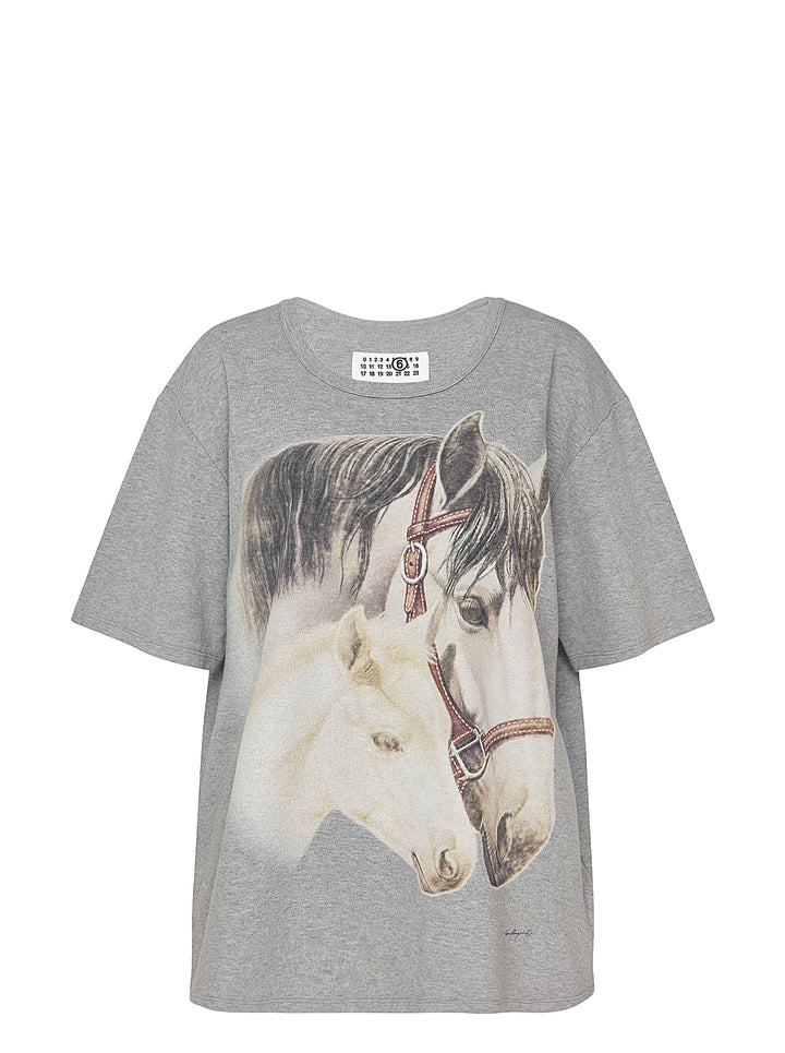 MM6 Maison Margiela grey marl cotton tee with an oversized graphic print of two horses, shown with the signature numeric neck label
