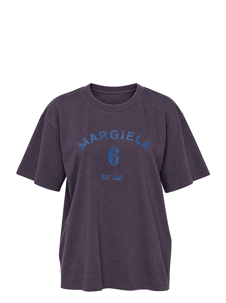 MM6 washed aubergine cotton jersey T-shirt with distressed blue Margiela 6 Est 1997 logo print on the chest