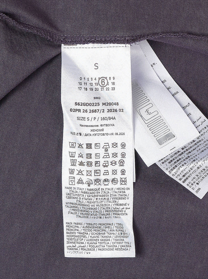 MM6 washed aubergine cotton jersey T-shirt with distressed blue Margiela 6 Est 1997 logo print on the chest - view 3