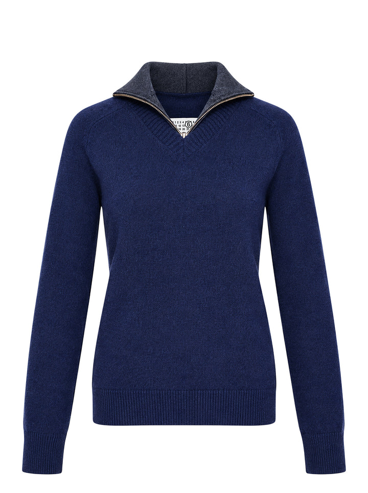 MM6 Maison Margiela navy knit pullover with V-neckline, contrast grey zip inner collar and ribbed cuffs and hem