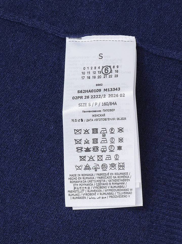 MM6 Maison Margiela navy knit pullover with V-neckline, contrast grey zip inner collar and ribbed cuffs and hem - view 3