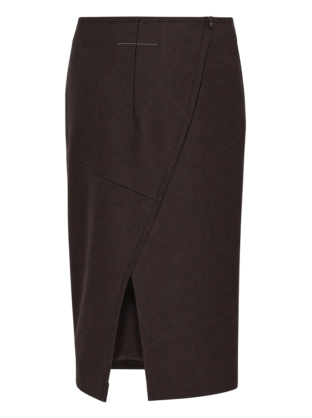 MM6 Maison Margiela dark brown wool felt midi skirt with a fitted pencil silhouette, shown from the front - view 2