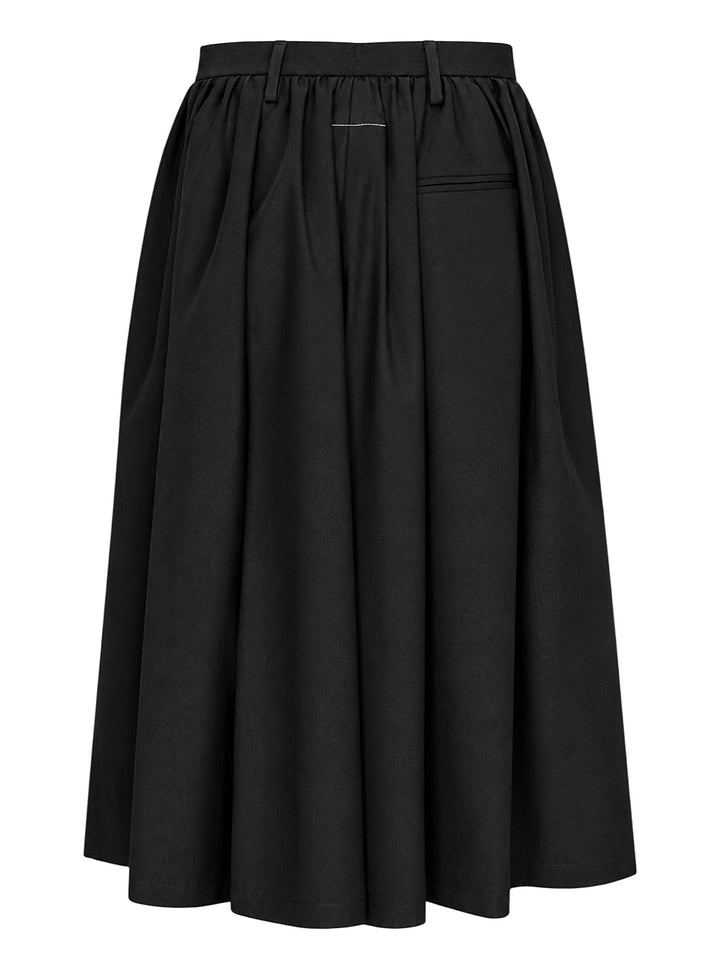 Maison Margiela black gathered midi skirt in light wool blend with button waistband, shown from the front - view 2