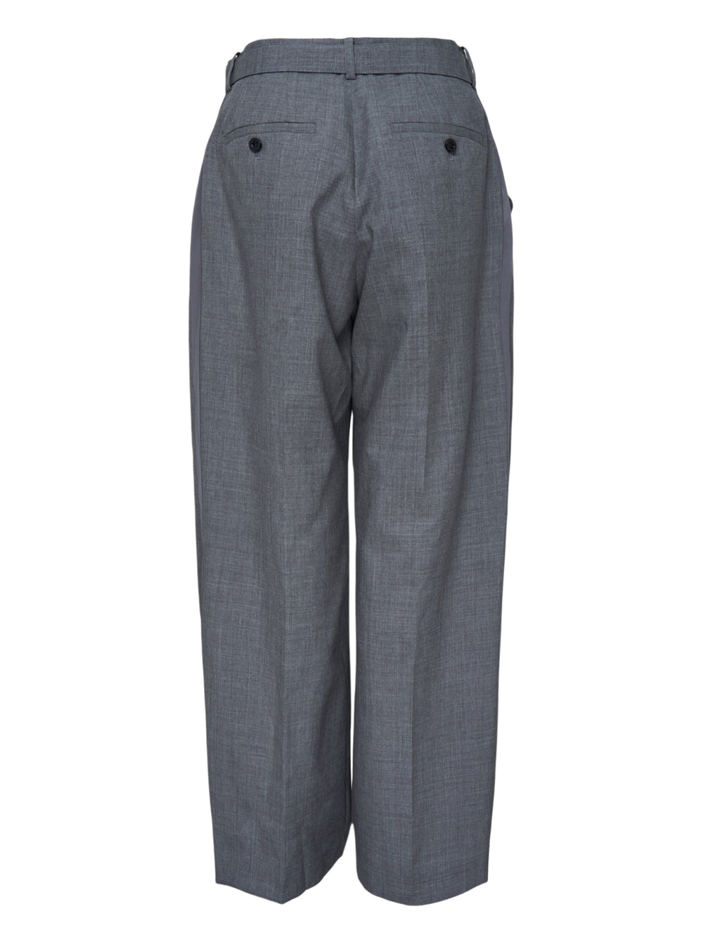sacai wide-leg belted suiting pants in grey, featuring deep front pleats, integrated belt with metal buckle, and a structured wide-leg silhouette - view 2