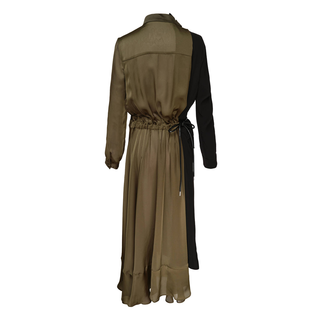 sacai Crepe Back Satin x Satin midi dress in olive and black, featuring an asymmetric contrast panel on one sleeve, mock neck collar, drawstring waist, and ruffled hem - view 2