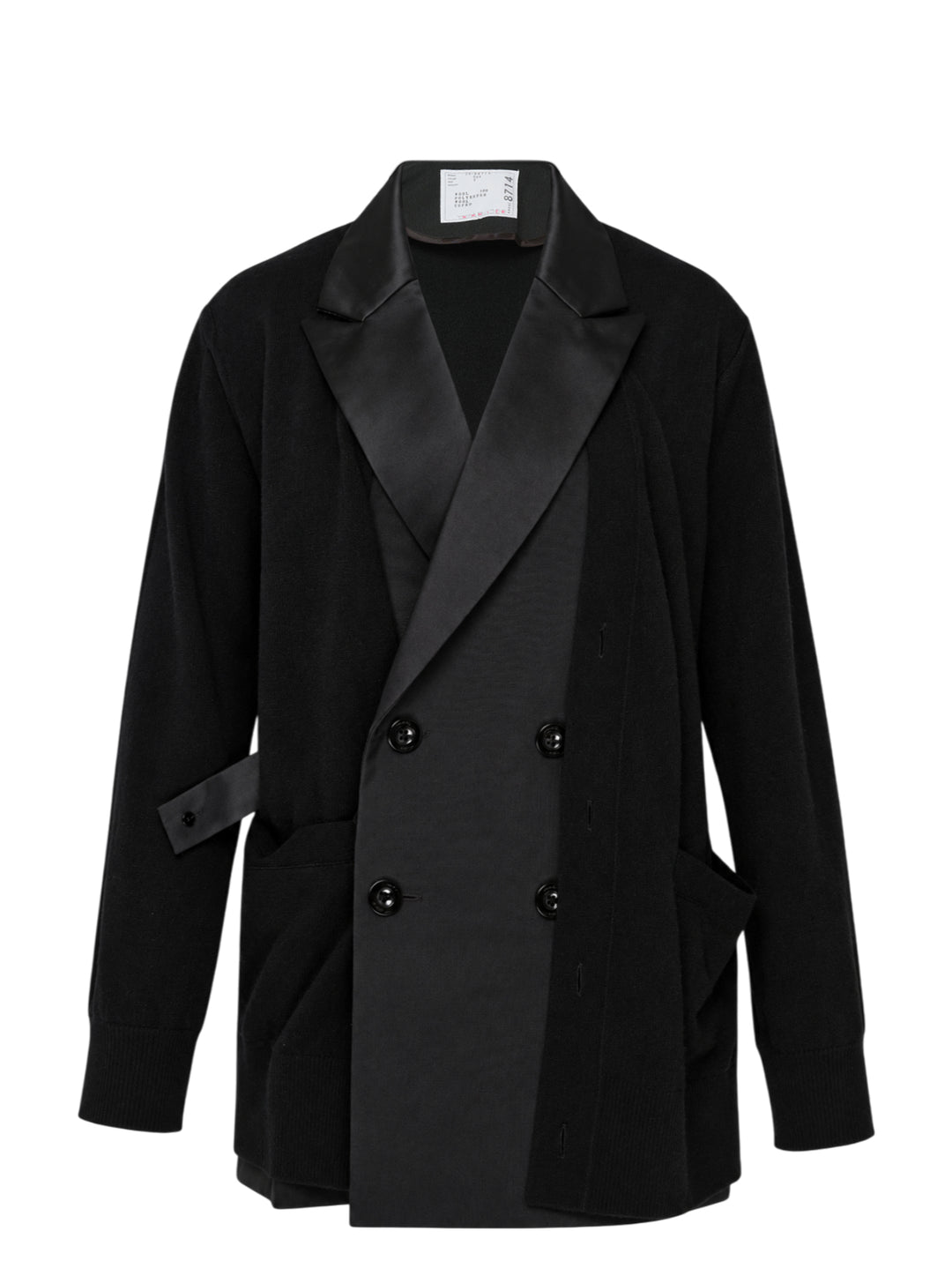 sacai Suiting x Wool Knit Cardigan in black, featuring satin-faced peaked lapels, double-breasted button fastening, and a hybrid suiting and wool knit construction, shown on a flat lay against a white background