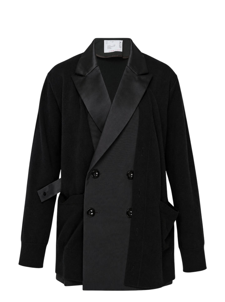 sacai Suiting x Wool Knit Cardigan in black, featuring satin-faced peaked lapels, double-breasted button fastening, and a hybrid suiting and wool knit construction, shown on a flat lay against a white background