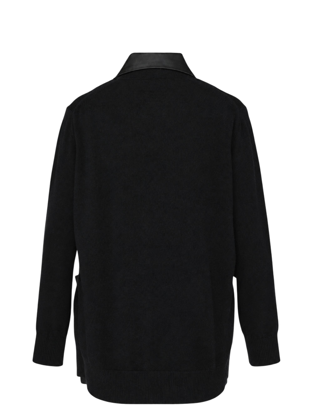 sacai Suiting x Wool Knit Cardigan in black, featuring satin-faced peaked lapels, double-breasted button fastening, and a hybrid suiting and wool knit construction, shown on a flat lay against a white background - view 2