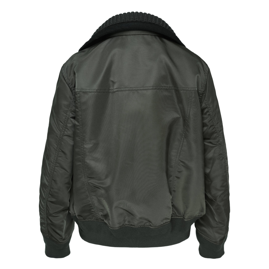 sacai Nylon Twill x Wool Melton Blouson in olive green, featuring an oversized ribbed knit collar, contrast black wool patch pockets, eyelet hardware detail, and orange satin lining at the collar reverse - view 2