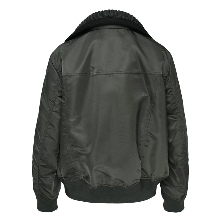 sacai Nylon Twill x Wool Melton Blouson in olive green, featuring an oversized ribbed knit collar, contrast black wool patch pockets, eyelet hardware detail, and orange satin lining at the collar reverse - view 2