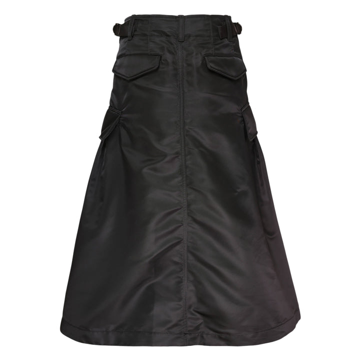 sacai black nylon twill cargo midi skirt with A-line silhouette, oversized hip pockets, structured waistband, and pleated flared hem - view 2