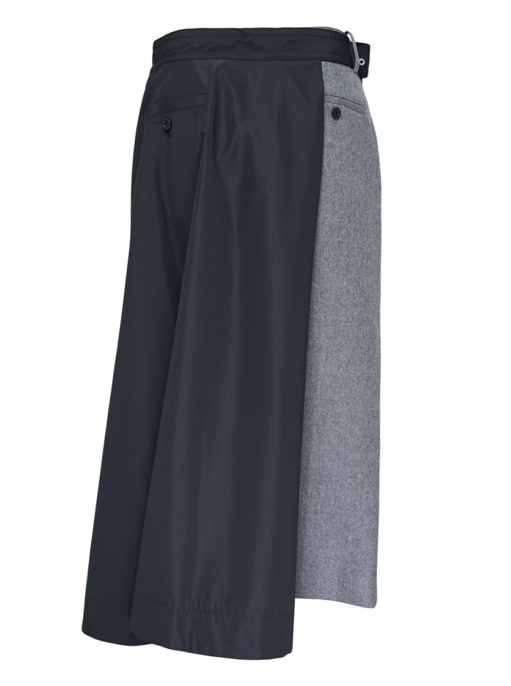 sacai Wool Flannel x Taffeta Bonding midi skirt in navy and grey with asymmetric contrast panel and belted waistband - view 2
