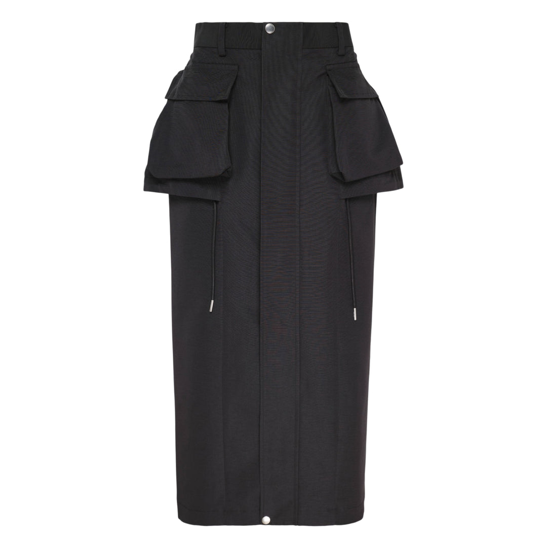sacai Grosgrain Bonding Cargo Skirt in black, featuring oversized double-stacked cargo pockets, drawstring detail, and a high-rise pencil-cut midi silhouette