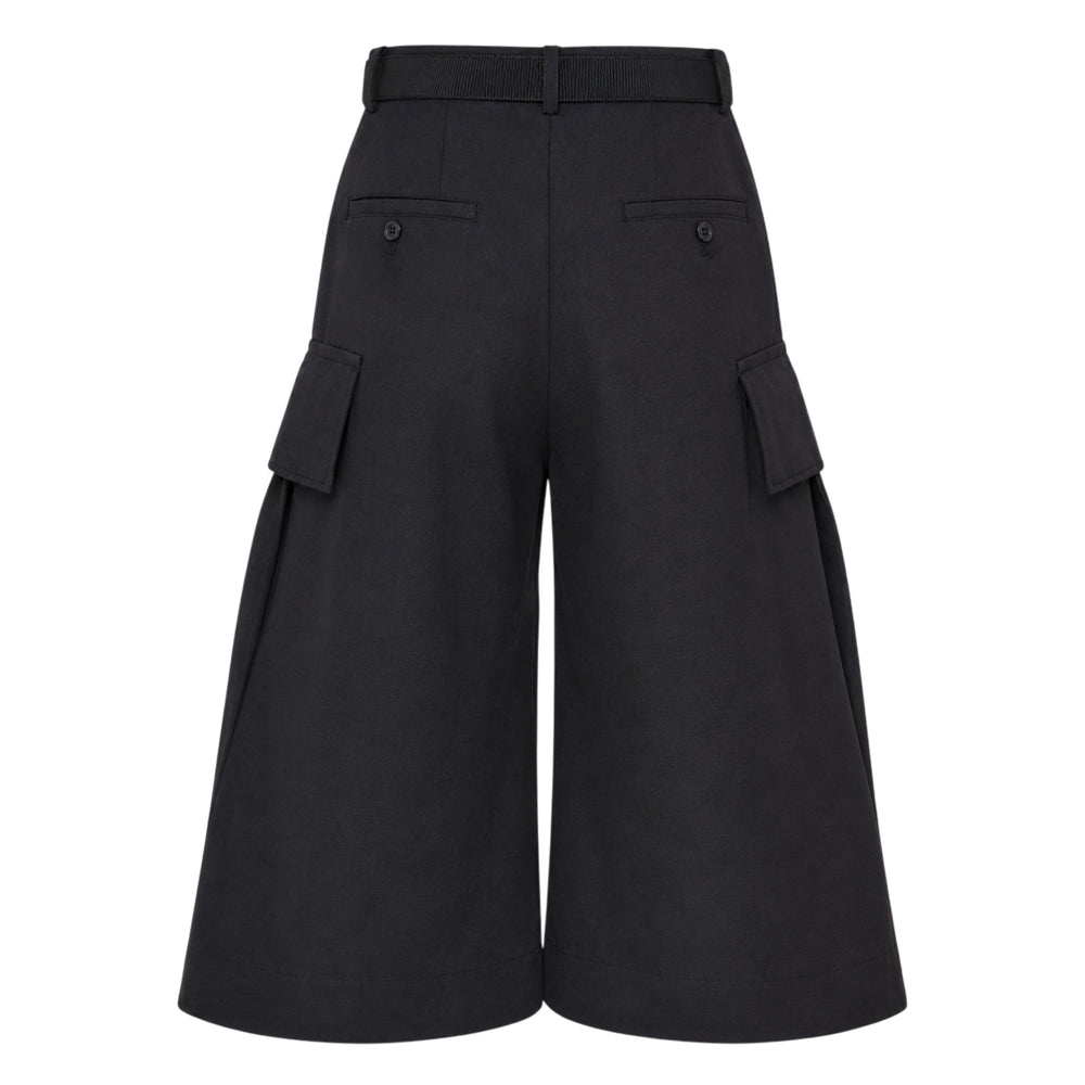 sacai Grosgrain Belted Wide-Leg Pants in black — high-waist pleated culottes with cargo patch pockets and integrated grosgrain belt, front view - view 2