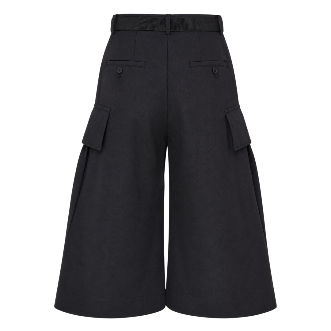 sacai Grosgrain Belted Wide-Leg Pants in black — high-waist pleated culottes with cargo patch pockets and integrated grosgrain belt, front view - view 2