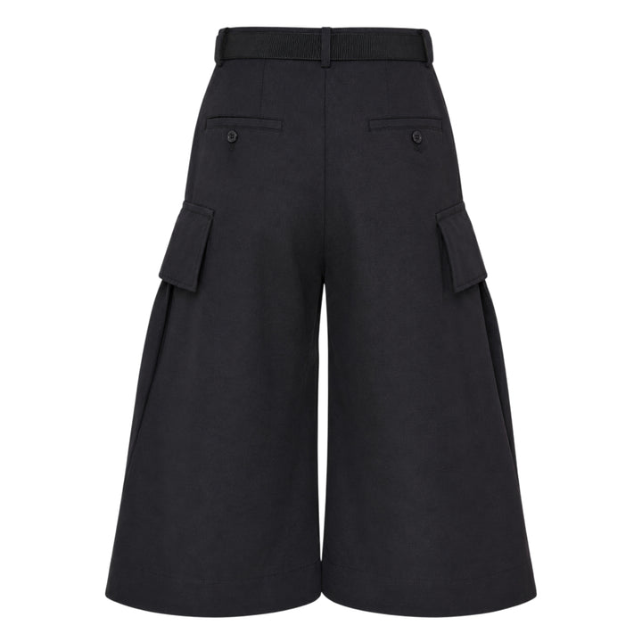sacai Grosgrain Belted Wide-Leg Pants in black — high-waist pleated culottes with cargo patch pockets and integrated grosgrain belt, front view - view 2