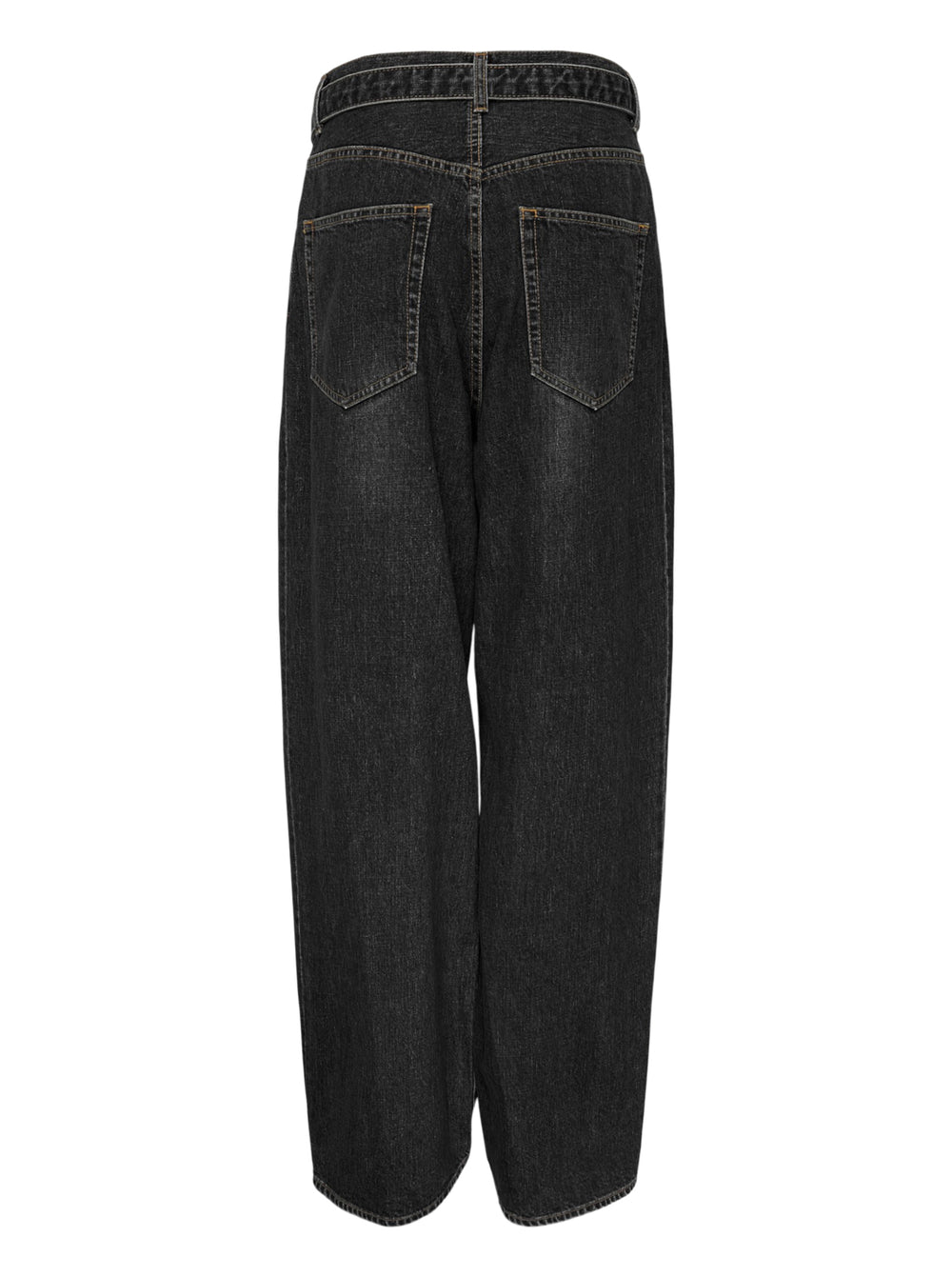 sacai belted wide-leg barrel jeans in washed black denim with deep front pleats, contrast stitching, and tapered hem, photographed flat on white background - view 2