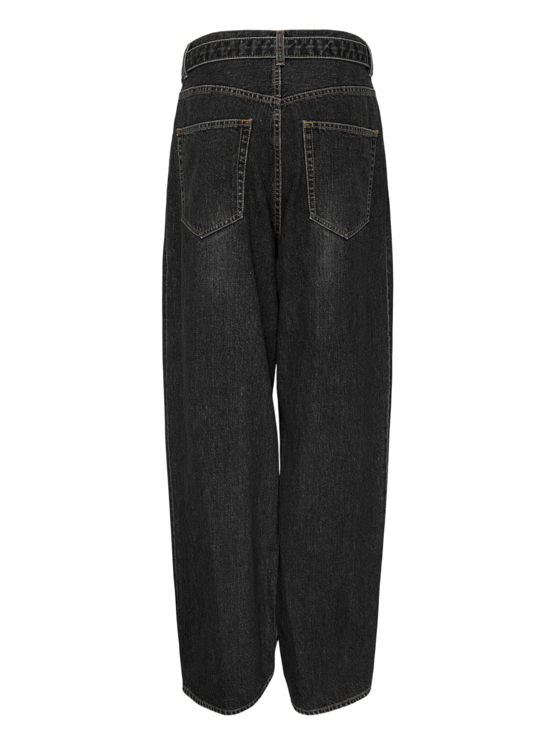 sacai belted wide-leg barrel jeans in washed black denim with deep front pleats, contrast stitching, and tapered hem, photographed flat on white background - view 2