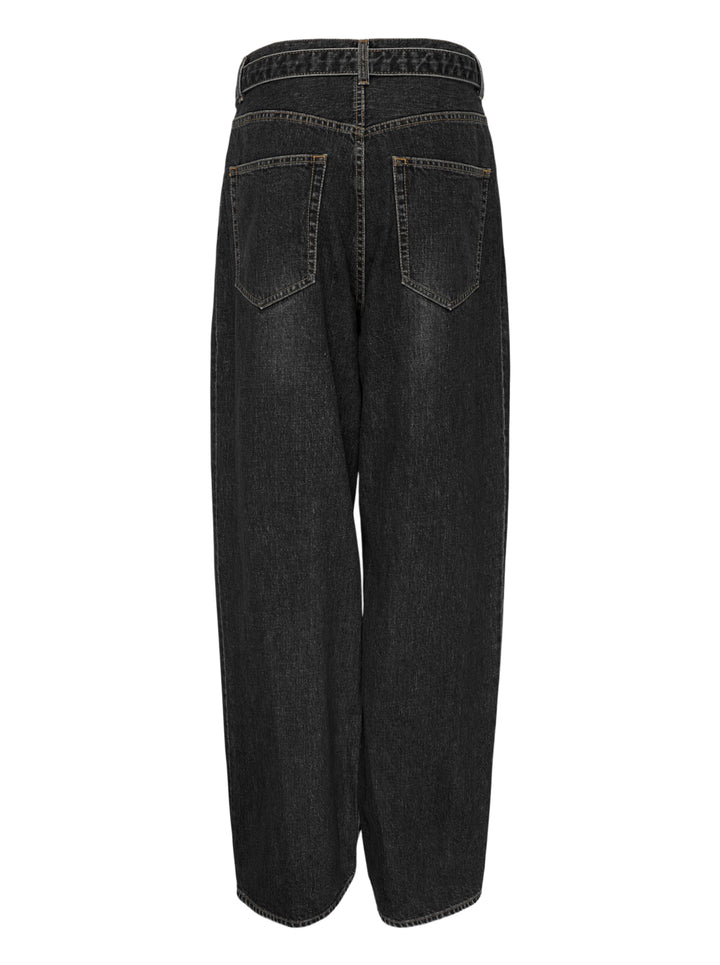 sacai belted wide-leg barrel jeans in washed black denim with deep front pleats, contrast stitching, and tapered hem, photographed flat on white background - view 2