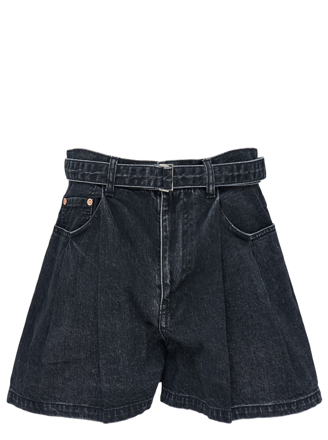 sacai belted wide-leg denim shorts in washed black with front pleats, contrast stitching, and an integrated metal-buckle belt