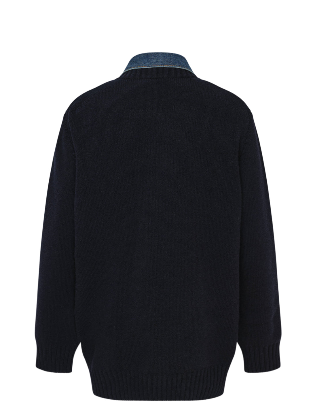 sacai Denim Contrast Wool Knit Cardigan in navy, featuring an indigo denim collar, double chest patch pockets with snap closures, and a button-front fastening - view 2