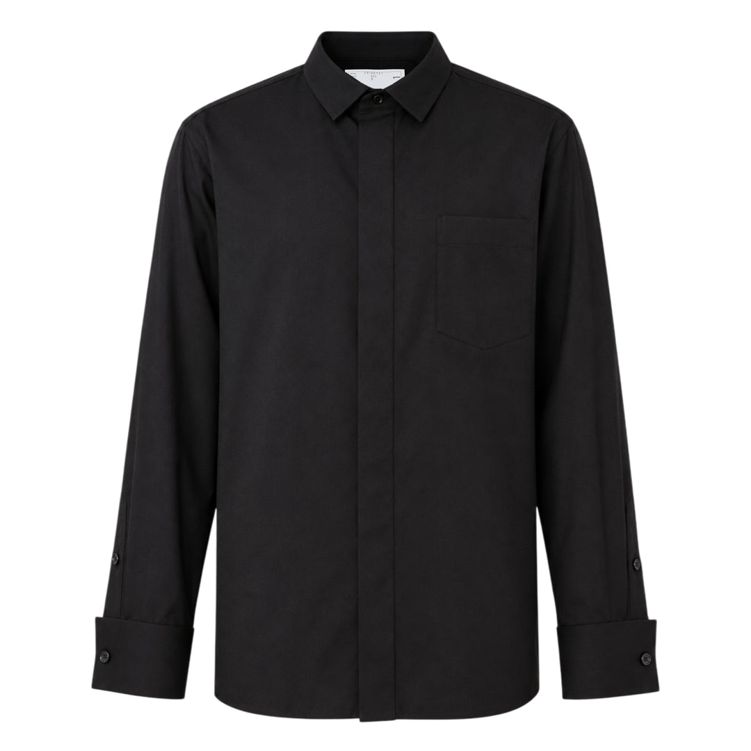sacai black poplin long sleeve shirt with concealed front placket, point collar, chest pocket, and button-fastened cuffs, shown flat on white background