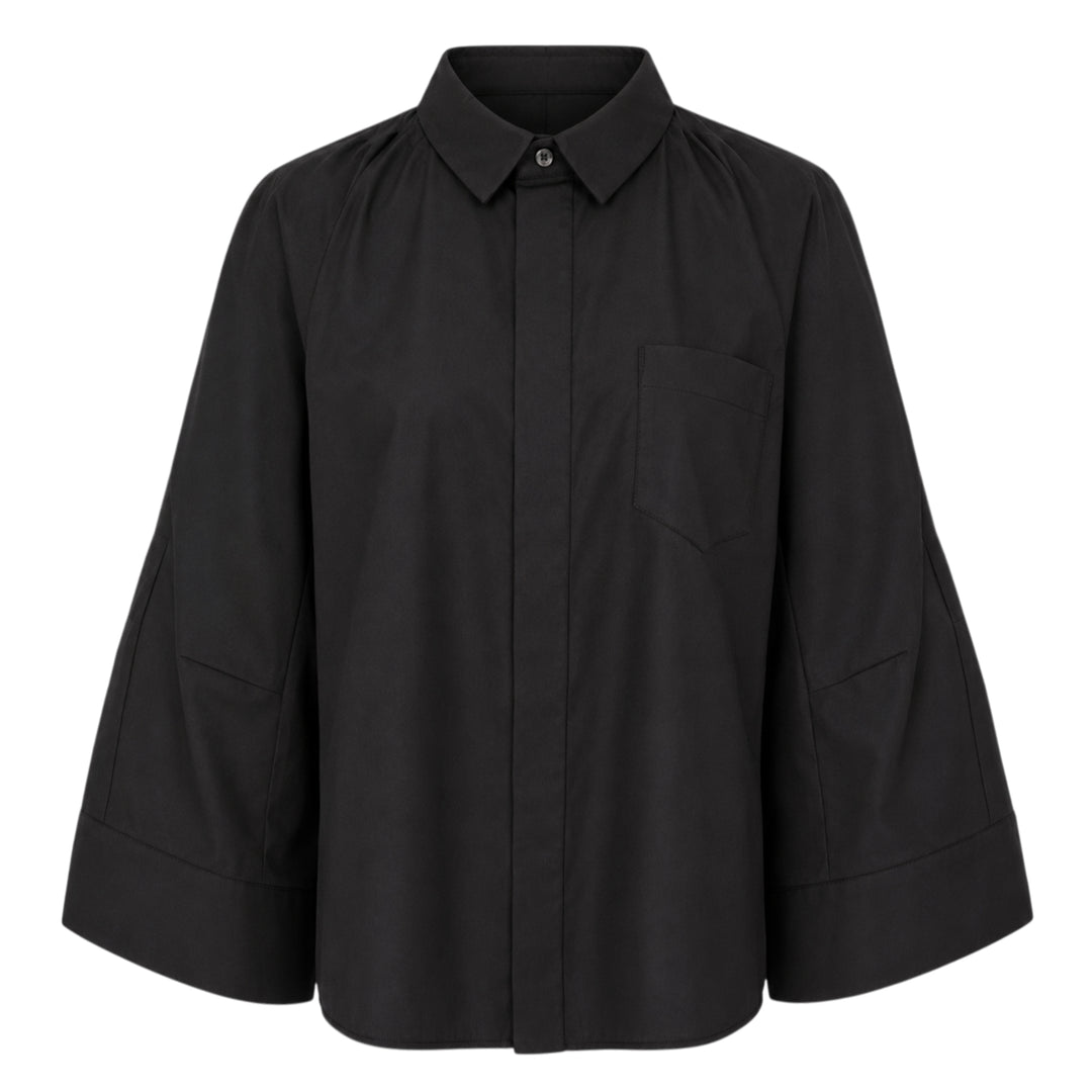 sacai Wide Sleeve Poplin Shirt in black, featuring a concealed button placket, point collar, flared long sleeves with deep cuffs, a chest patch pocket, and twin lower patch pockets