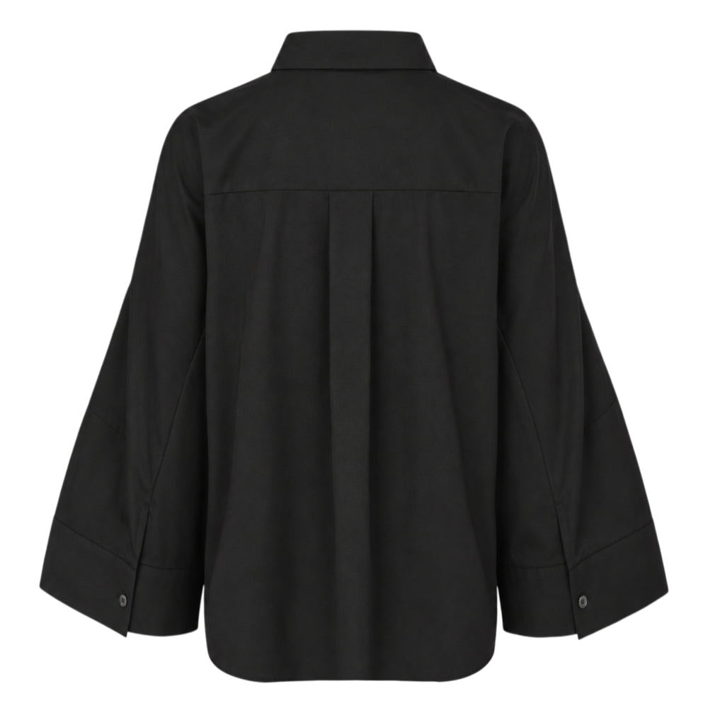 sacai Wide Sleeve Poplin Shirt in black, featuring a concealed button placket, point collar, flared long sleeves with deep cuffs, a chest patch pocket, and twin lower patch pockets - view 2