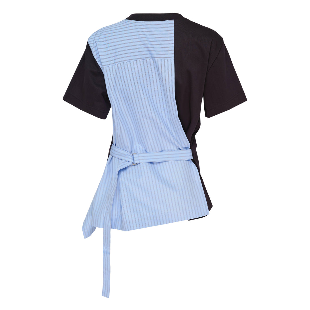 sacai Poplin x Cotton Jersey T-Shirt in black with asymmetric blue pinstripe poplin panel draped at the side hem, crew neck, short sleeves, and chest pocket - view 2