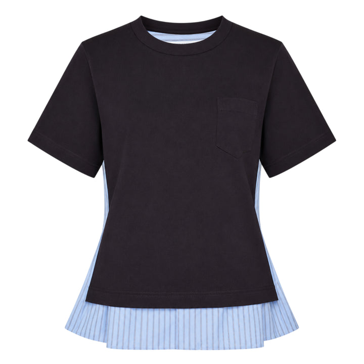 sacai Poplin x Cotton Jersey T-Shirt in black, featuring a crew neck, chest pocket, and light blue pinstripe poplin side panels with a flared hem