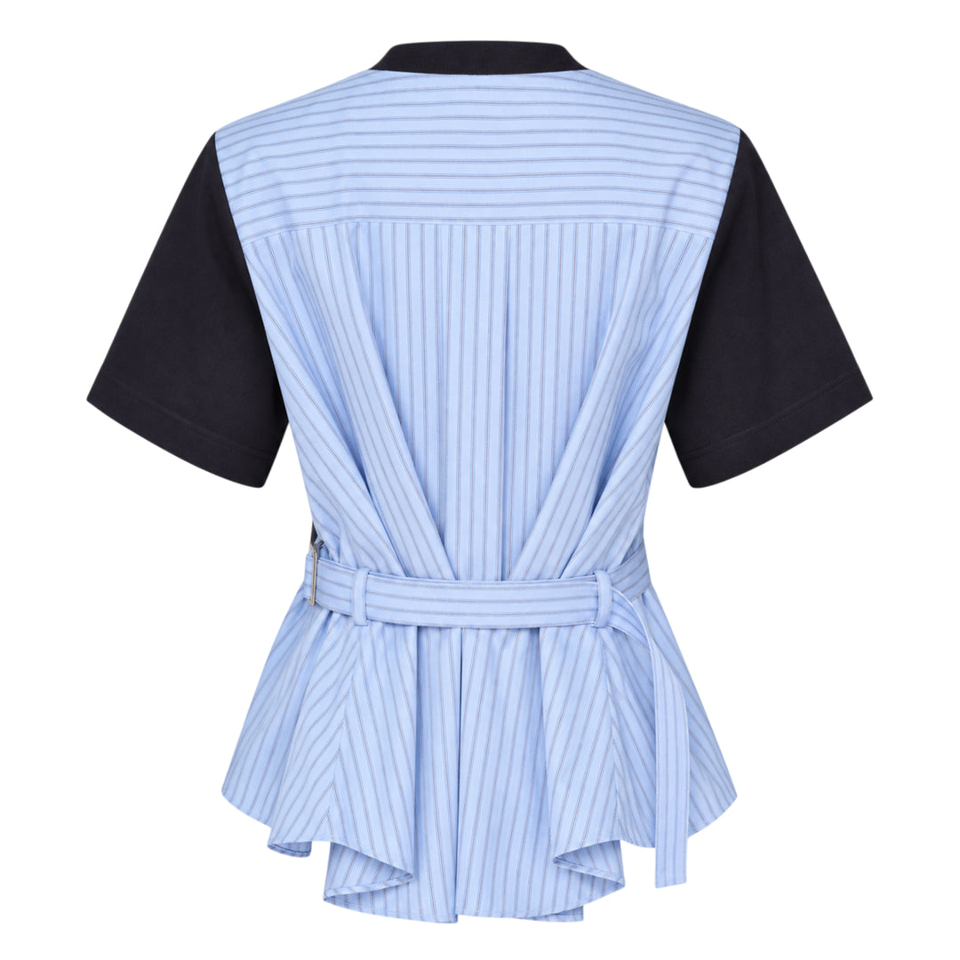 sacai Poplin x Cotton Jersey T-Shirt in black, featuring a crew neck, chest pocket, and light blue pinstripe poplin side panels with a flared hem - view 2