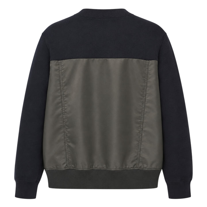 sacai Sponge Sweat Cargo Pullover in black with contrast olive nylon cargo pockets and bomber-style nylon hem panel, front view - view 2