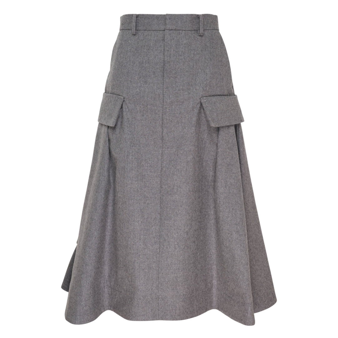sacai Wool Flannel Cargo Skirt in heather grey — high-waisted A-line midi with dual utility patch pockets and belt loops, front view