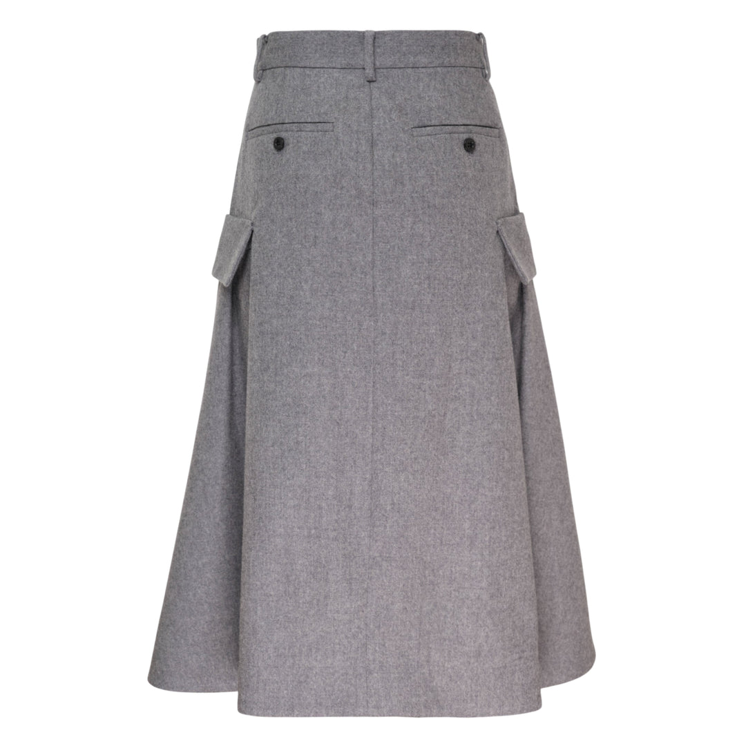 sacai Wool Flannel Cargo Skirt in heather grey — high-waisted A-line midi with dual utility patch pockets and belt loops, front view - view 2