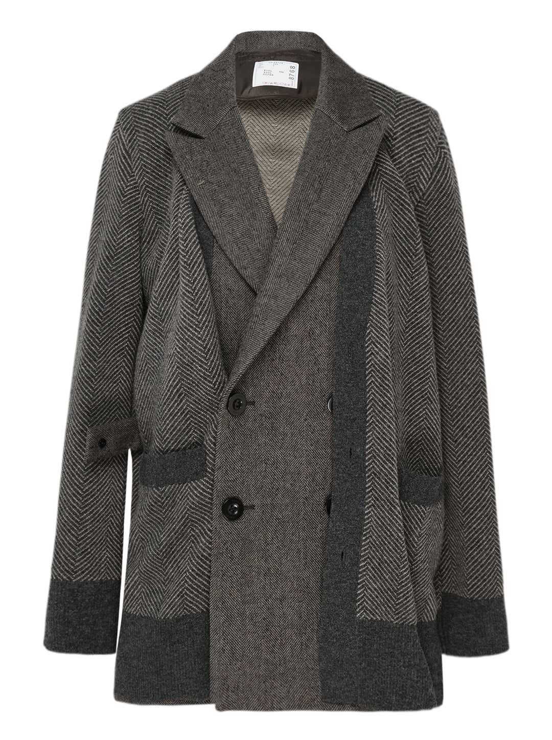 sacai double-faced herringbone blazer coat in mixed grey tones, featuring patchwork herringbone panels, double-breasted button fastening, wide notch lapels, and contrast charcoal trim at the hem and cuffs