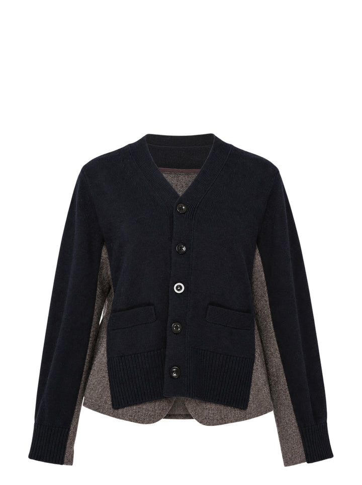 sacai Double-Faced Herringbone Cardigan in navy knit and brown herringbone tweed, shown flat with button-through front and ribbed trim detailing