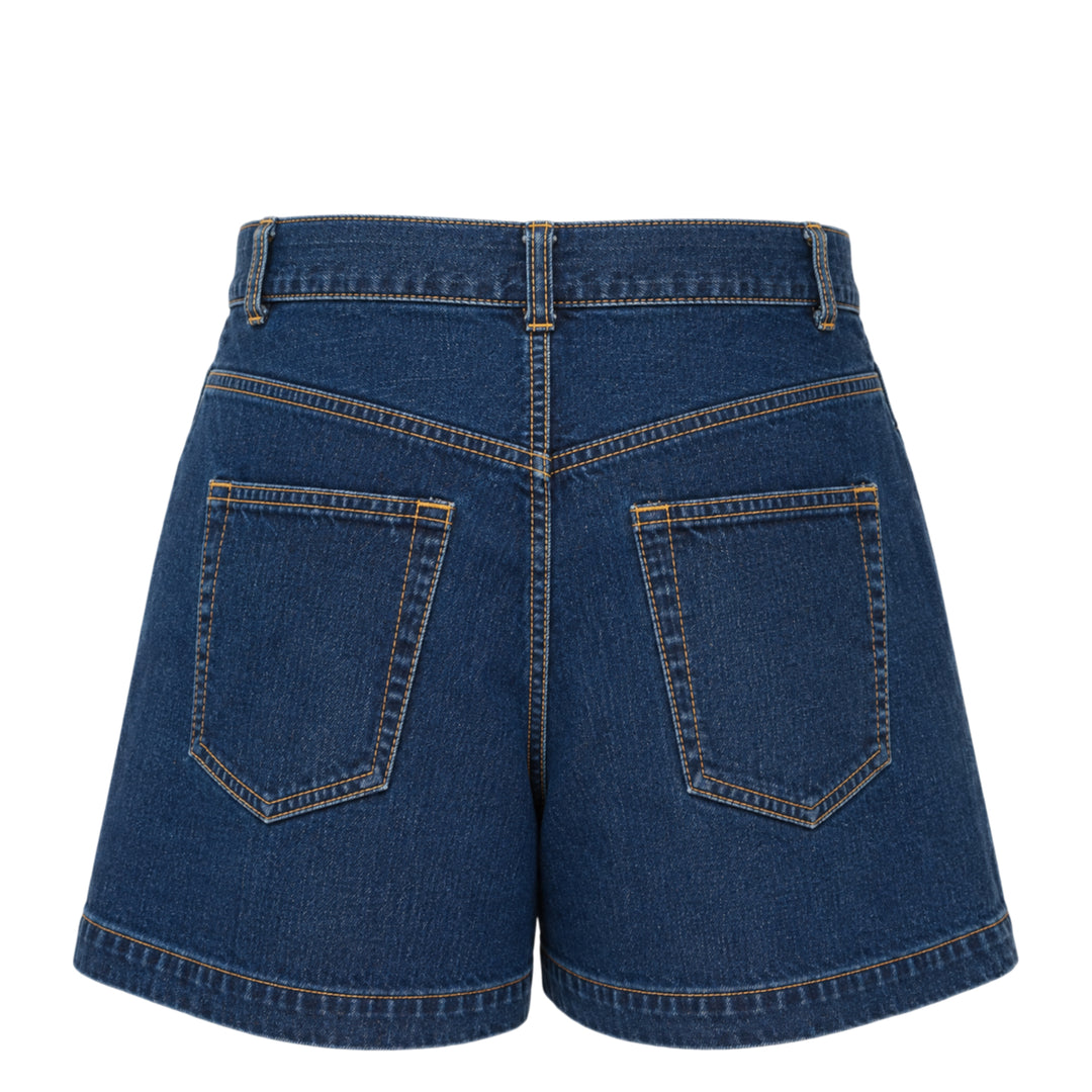 sacai Nep Tweed x Denim Shorts featuring a diagonal herringbone tweed front panel, denim side panels with orange topstitching, and a gold-tone button closure at the high waist - view 2