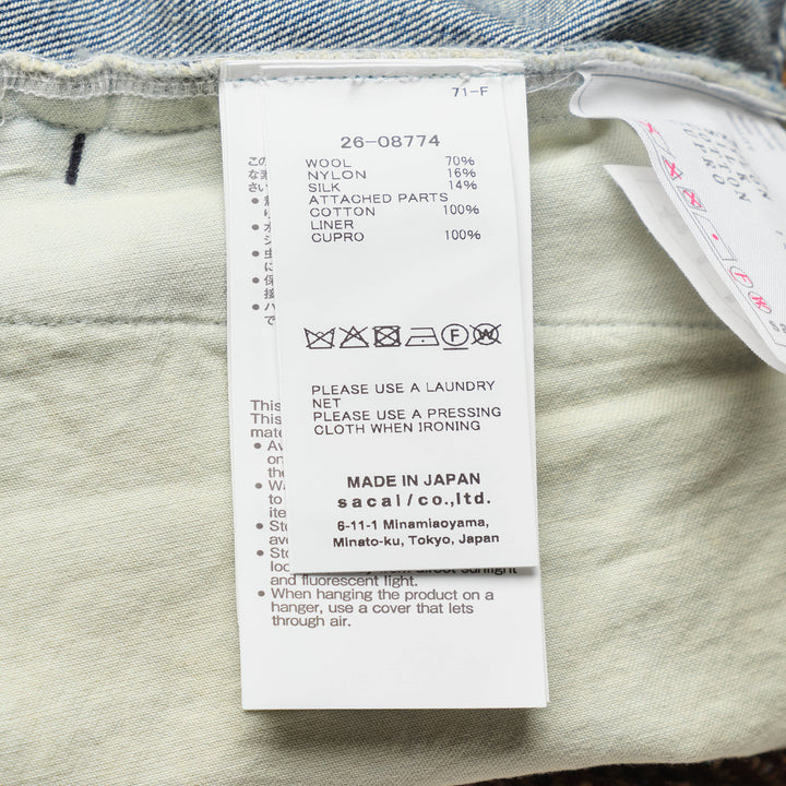 sacai Nep Tweed x Denim Shorts featuring a diagonal herringbone tweed front panel, denim side panels with orange topstitching, and a gold-tone button closure at the high waist - view 3
