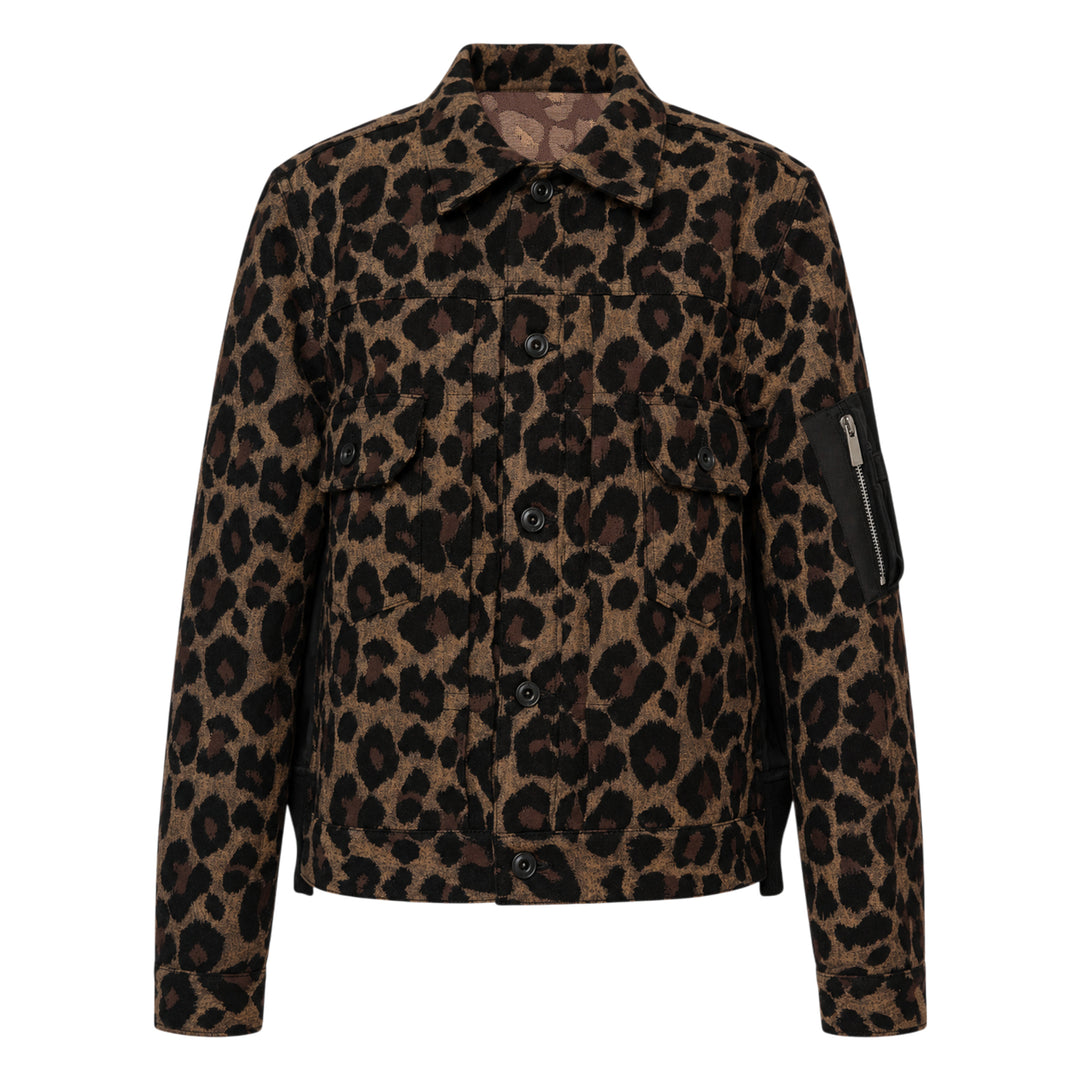 sacai Leopard x Nylon Twill Jacket in brown and black leopard print with snap button front, dual chest pockets, and MA-1 zip detail on sleeve