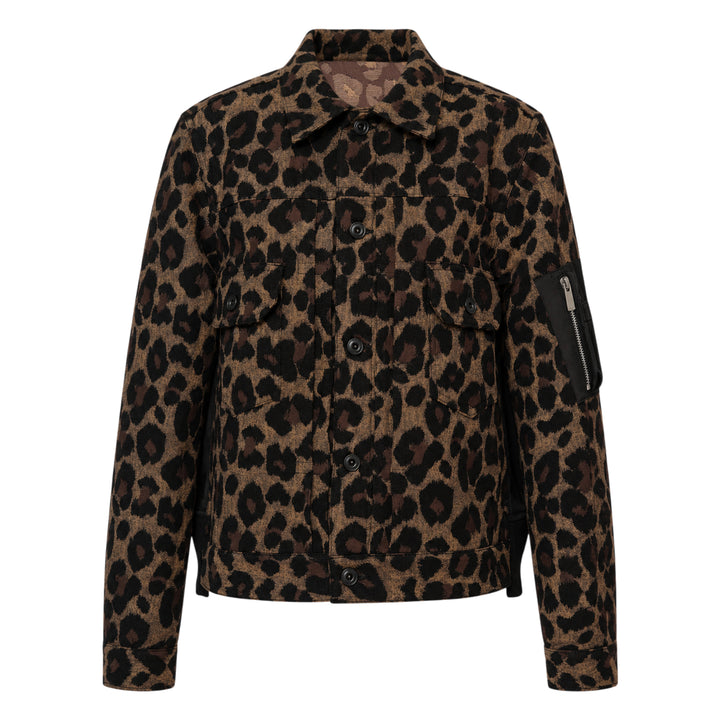 sacai Leopard x Nylon Twill Jacket in brown and black leopard print with snap button front, dual chest pockets, and MA-1 zip detail on sleeve