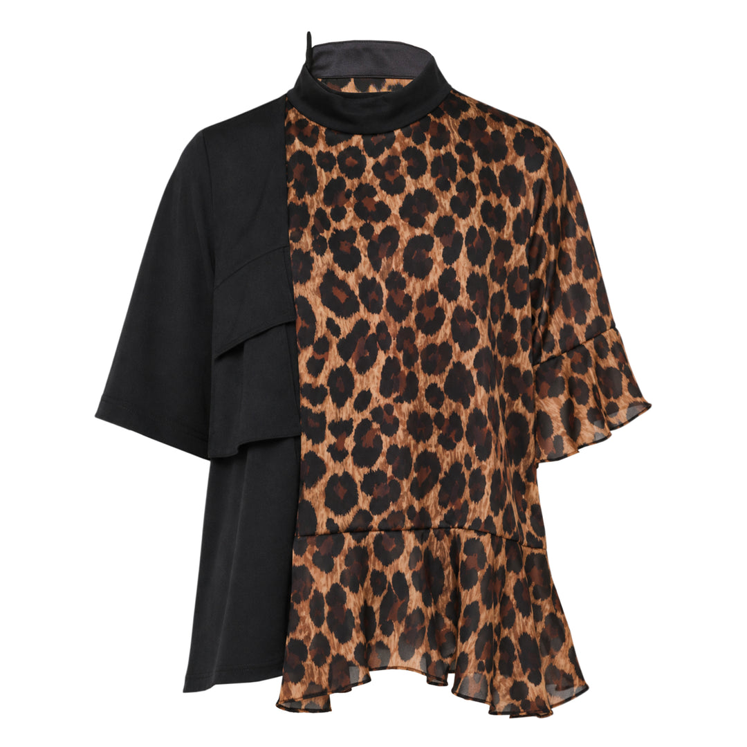 sacai Leopard Suiting Contrast Blouse featuring an asymmetric hybrid design with a solid black suiting panel, leopard-print chiffon body, mock-neck collar, flutter sleeve, and ruffled hem