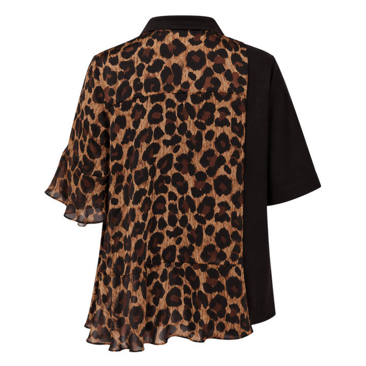sacai Leopard Suiting Contrast Blouse featuring an asymmetric hybrid design with a solid black suiting panel, leopard-print chiffon body, mock-neck collar, flutter sleeve, and ruffled hem - view 2