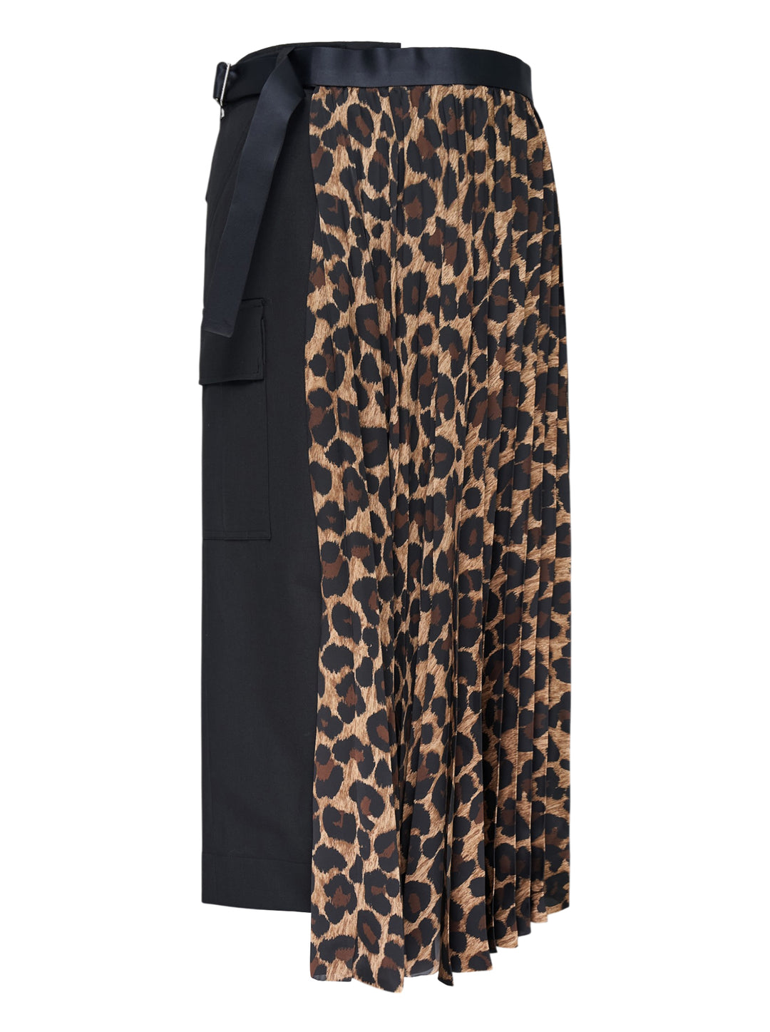 sacai Leopard Pleated Midi Skirt with knife pleats, all-over leopard print, contrast black satin waistband and draped bow detail at the hip - view 2