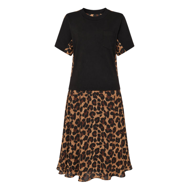 sacai Leopard Cotton Jersey Dress with black crew-neck t-shirt bodice, contrast leopard-print sleeve panels, and fluid leopard-print A-line midi skirt