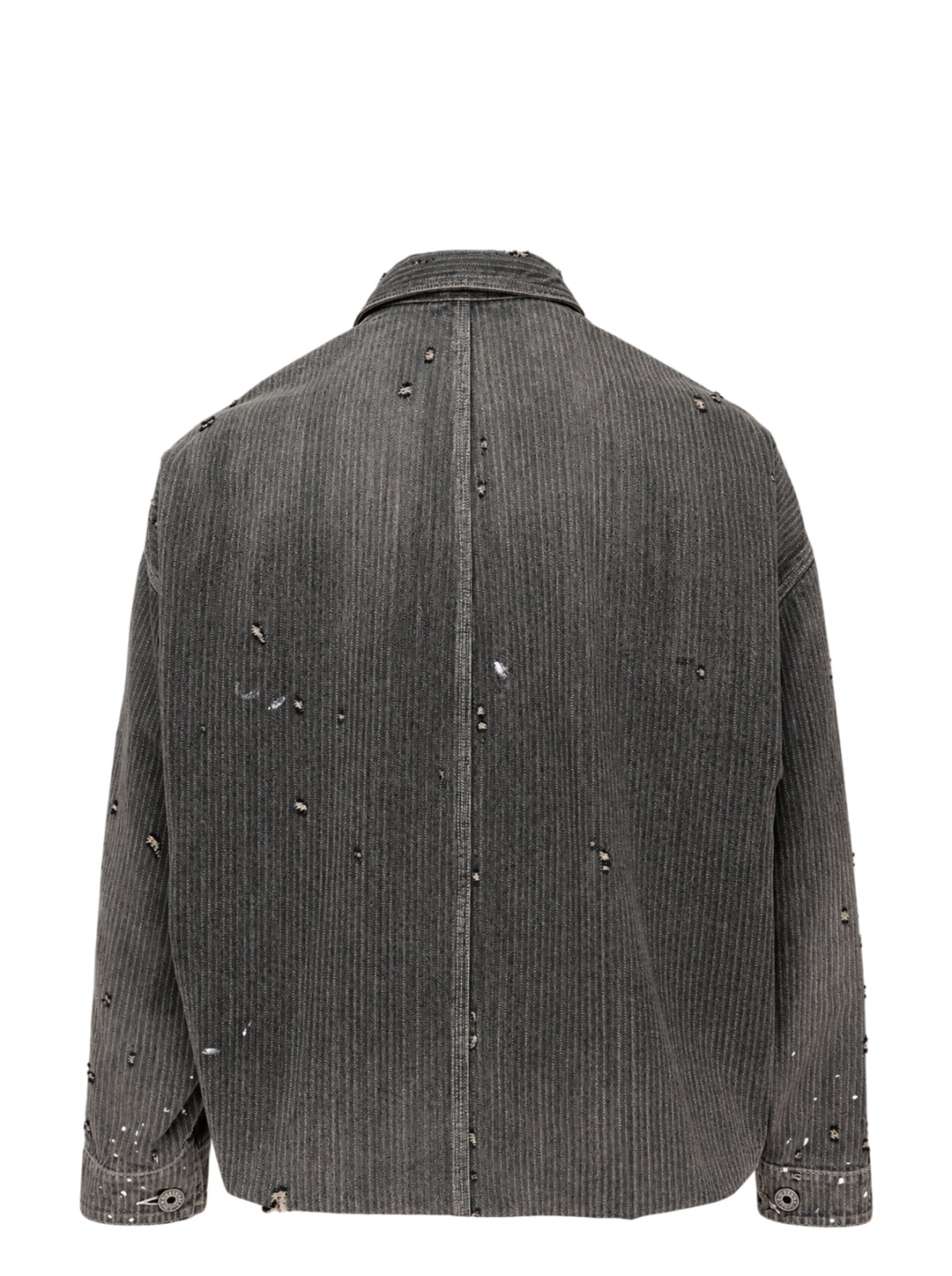 Faded grey pinstripe denim chore jacket with distressed detailing, paint splatter, patchwork pockets and oversized metal buttons - view 2