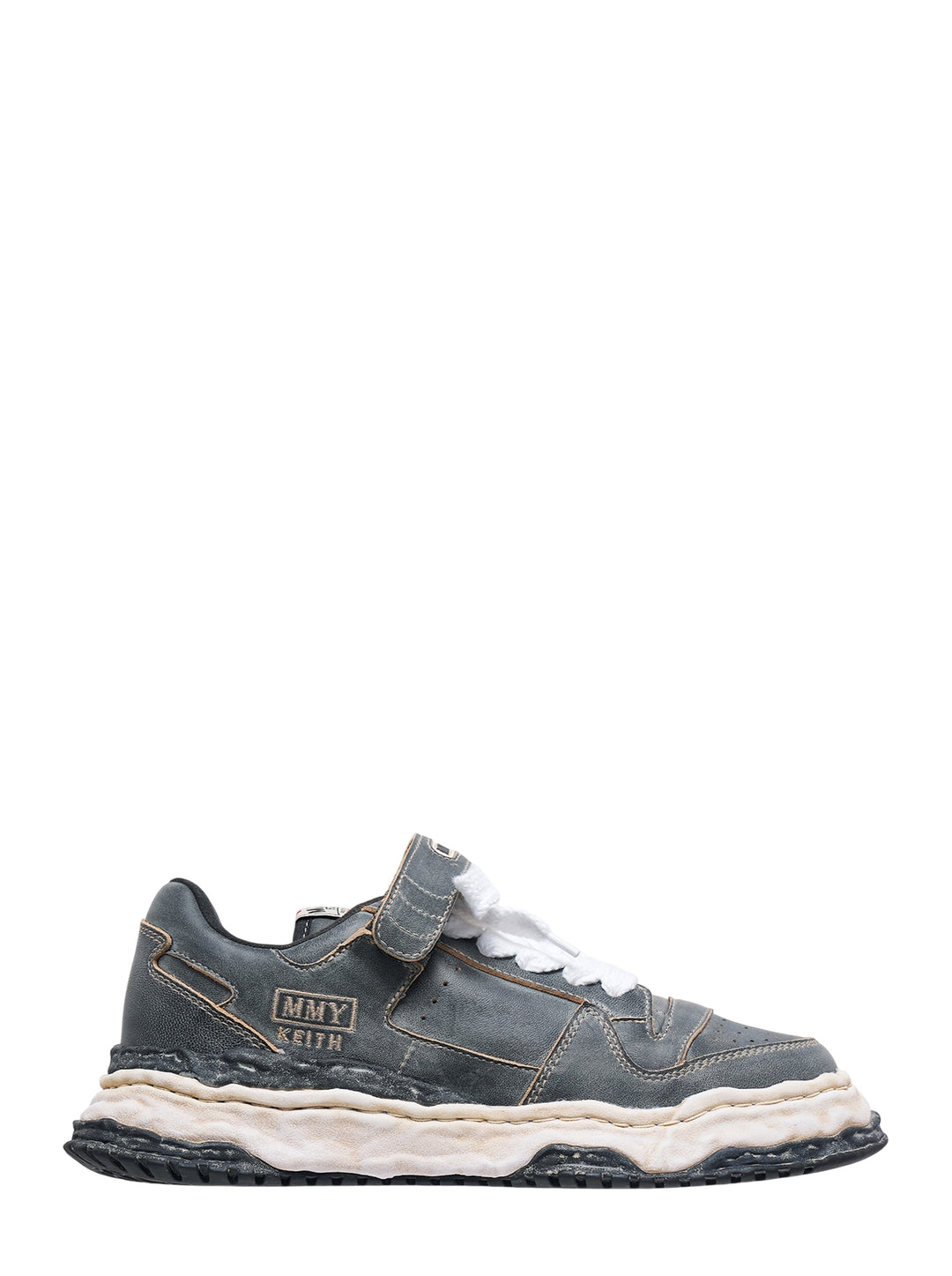 Mihara Yasuhiro Keith low-top sneaker in overdyed grey leather with distressed layered sole, strap closure and oversized white laces, side view