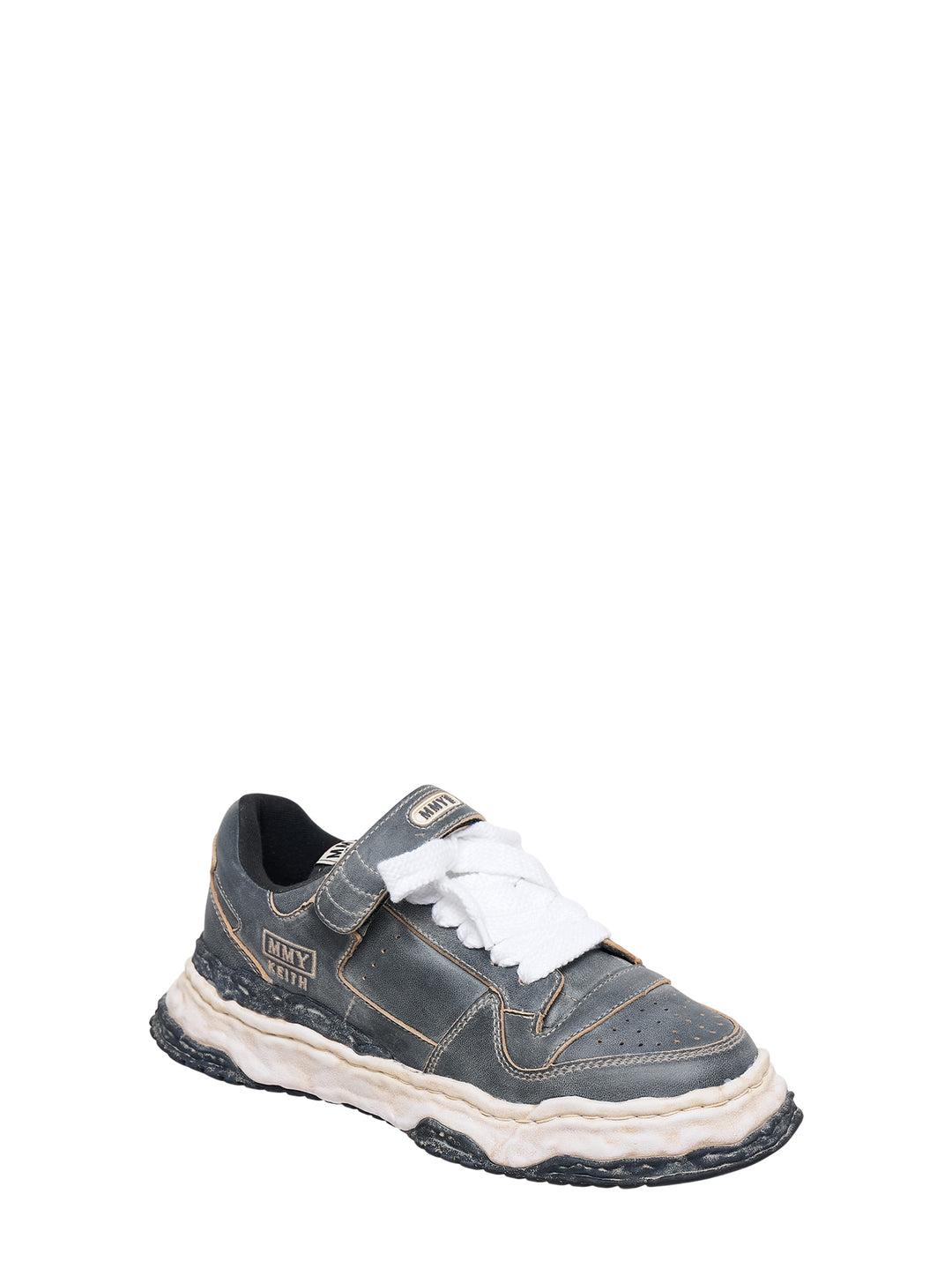 Mihara Yasuhiro Keith low-top sneaker in overdyed grey leather with distressed layered sole, strap closure and oversized white laces, side view - view 2