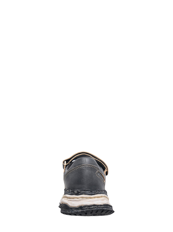 Mihara Yasuhiro Keith low-top sneaker in overdyed grey leather with distressed layered sole, strap closure and oversized white laces, side view - view 3