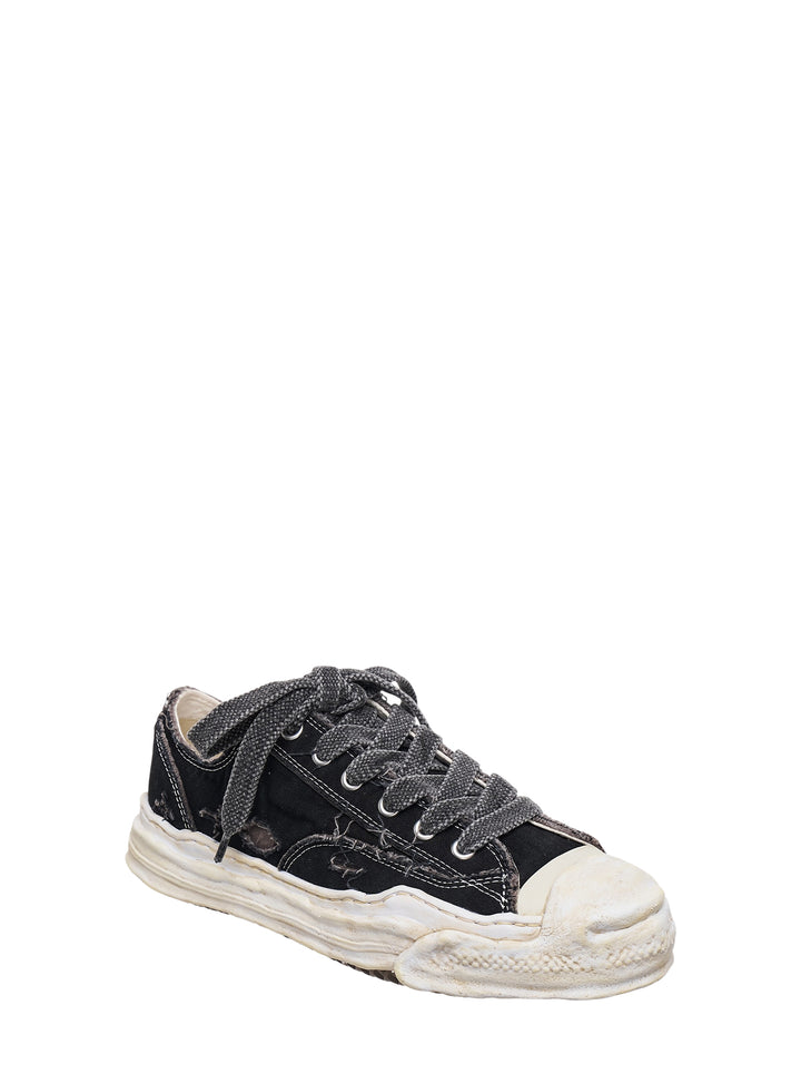 Mihara Yasuhiro Hank black distressed canvas low-top sneaker with oversized laces and a melted-effect off-white sole, side view - view 2