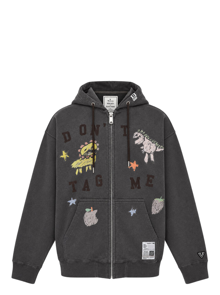 Washed charcoal Maison MIHARA YASUHIRO zip-up hoodie with colourful kids' doodle prints of a dinosaur, strawberry and stars and 'Don't Tag Me' lettering